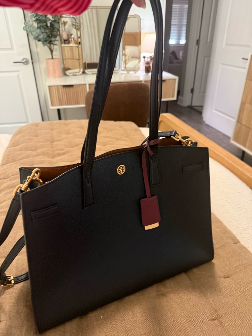 Tory Burch Black Leather Tote with Burgundy Tag and Gold Hardware